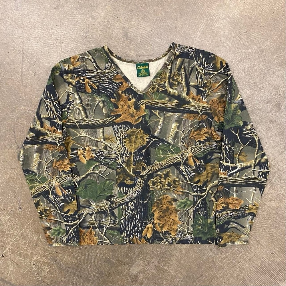 Vintage Cabela's Camo Camouflage Women's V-Neck Longsleeve Shirt Size Medium